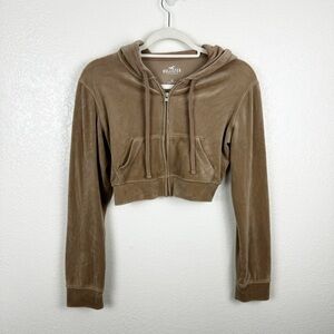 Hollister Light Brown Velour Cropped Zip Hoodie Size XS